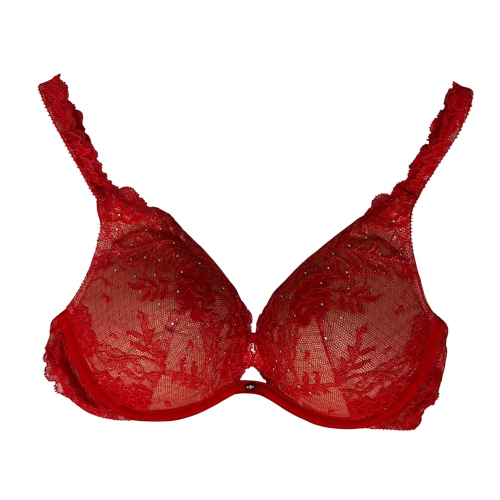 Victoria's Secret 32D Red Lace Push-Up Bra Rhinestone Detail Padded Underwire